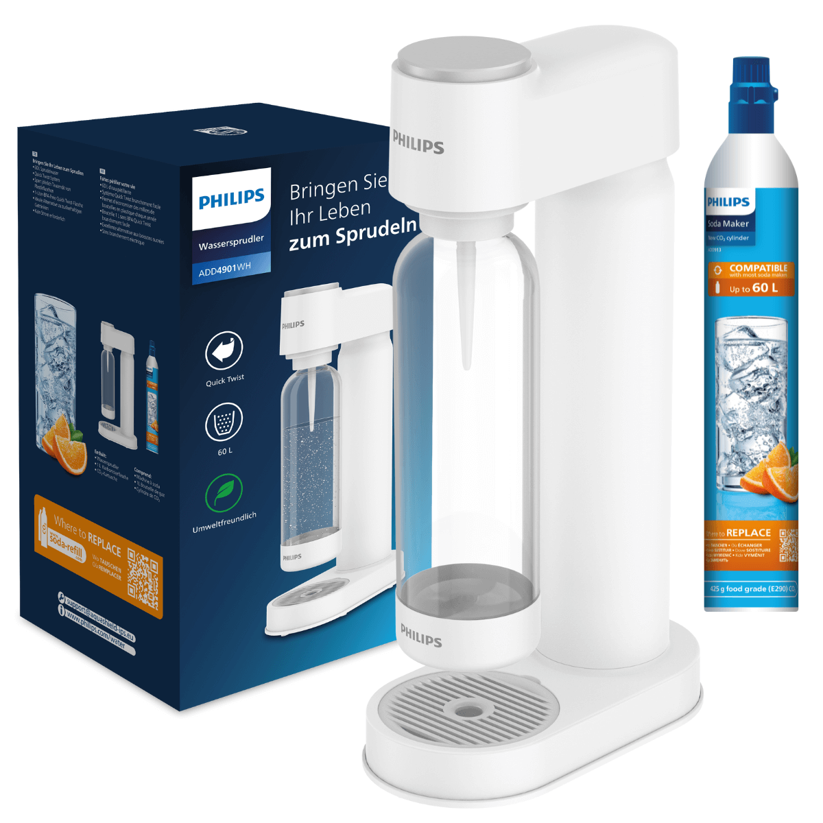 Saturator do gazowania wody PHILIPS ADD4901WH/10, kolor biały. Syfon domowy do wody gazowanej.