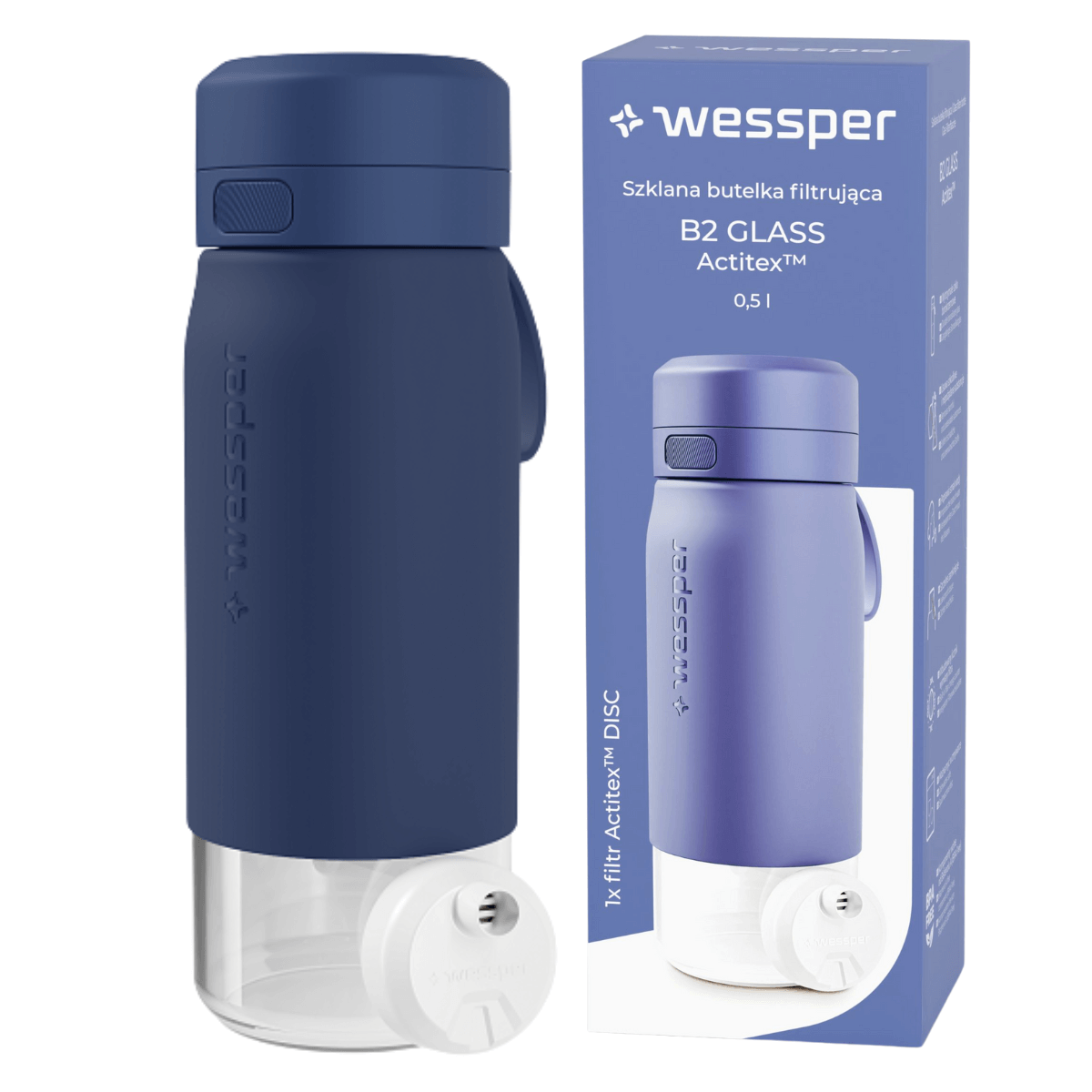Butelka szklana Wessper z filtrem wymiennym, niebieska 500 ml.