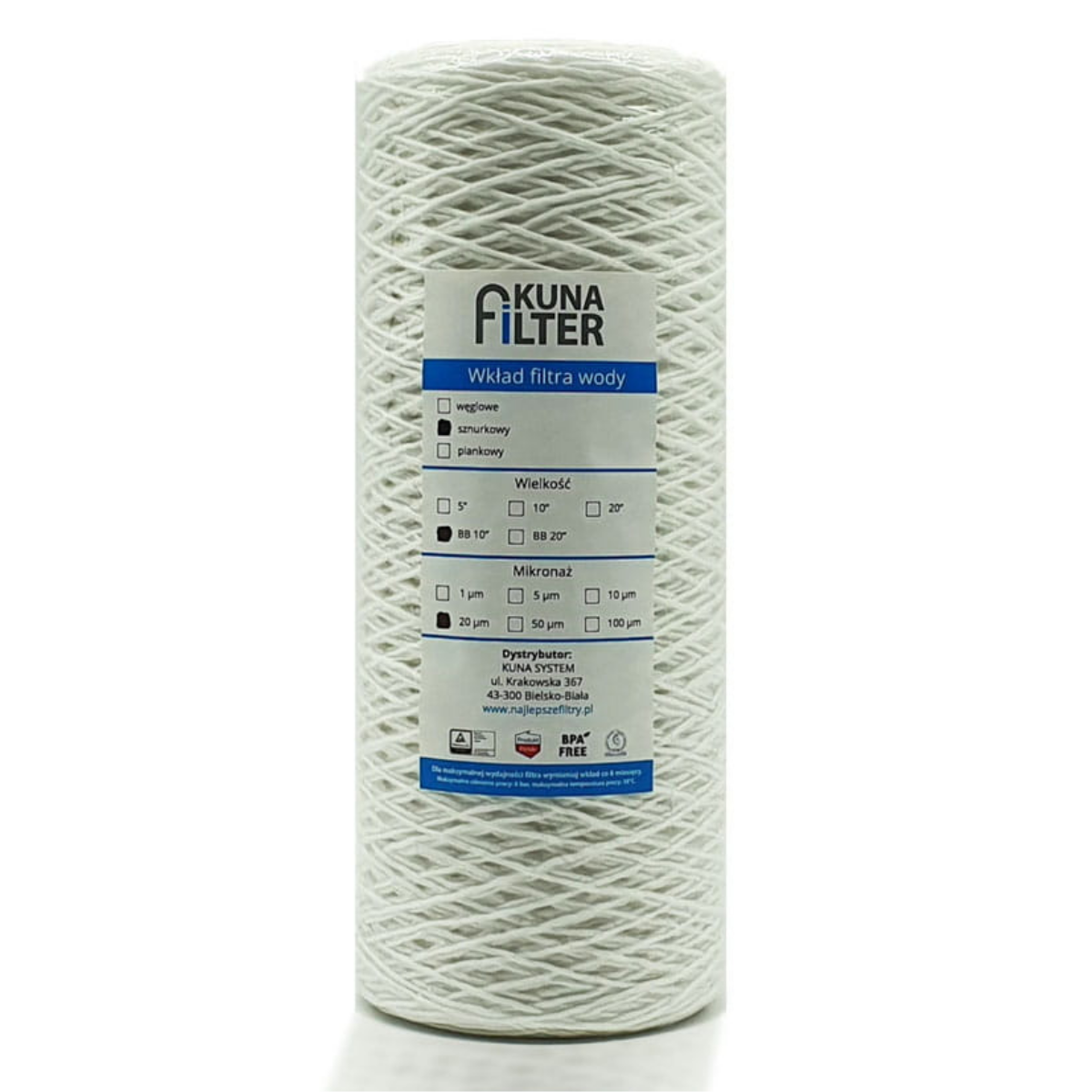 Wkład sznurkowy 20 mikronów do BB-10''. Wkład wymienny do filtra typu BB, Big Blue 10.