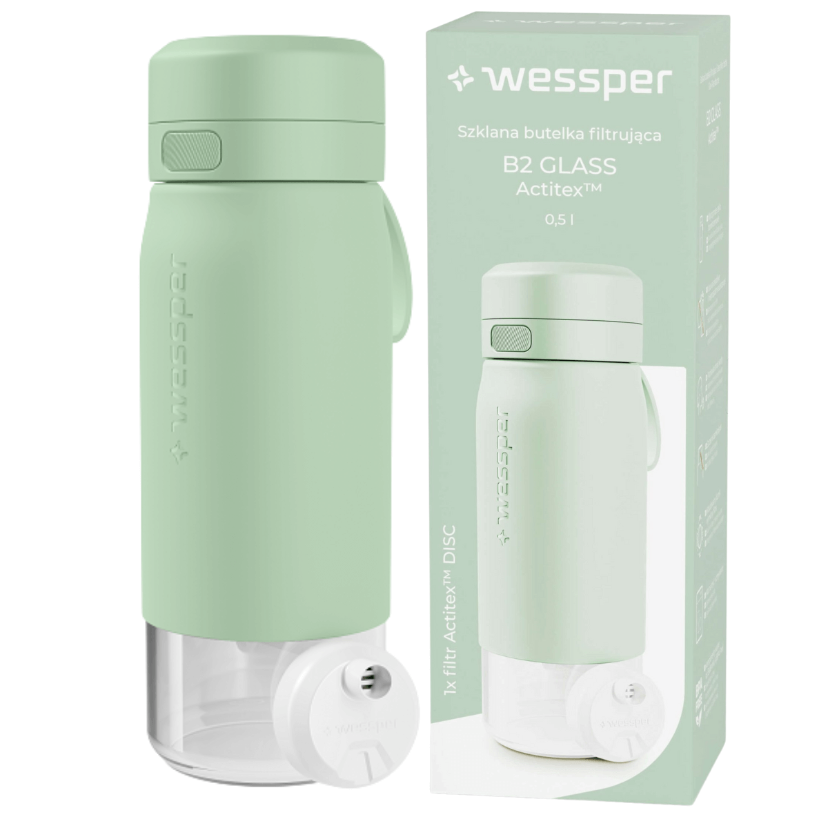 Filtrująca butelka szklana Wessper w kolorze miętowym 500 ml.