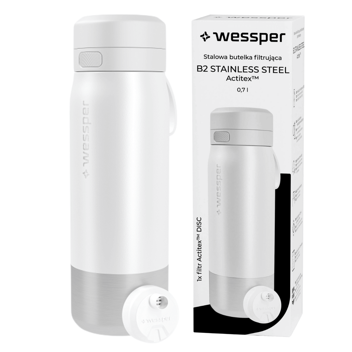 Butelka filtrująca Wessper ze stali nierdzewnej w kolorze białym 700 ml.