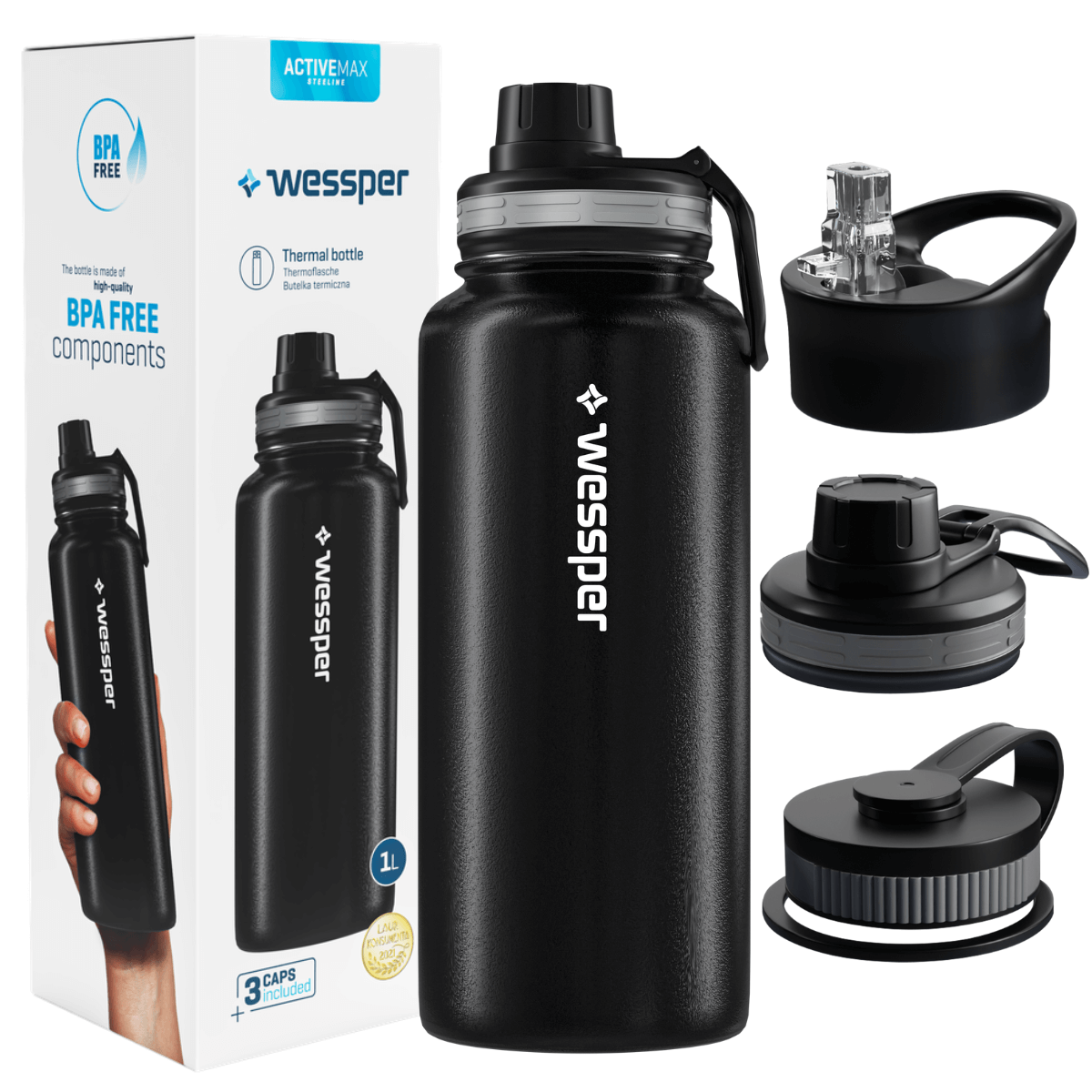 Bidon termiczny Wessper ActiveMax Steeline 1000 ml w kolorze czarnym.