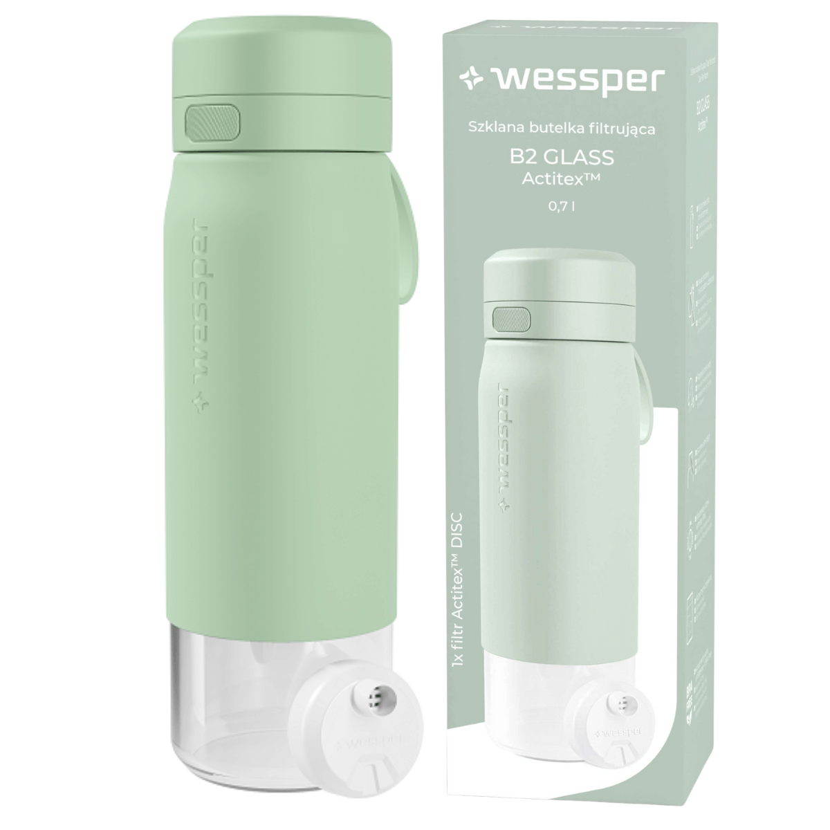 Szklana butelka filtrująca wodę Wessper, miętowa 700 ml.