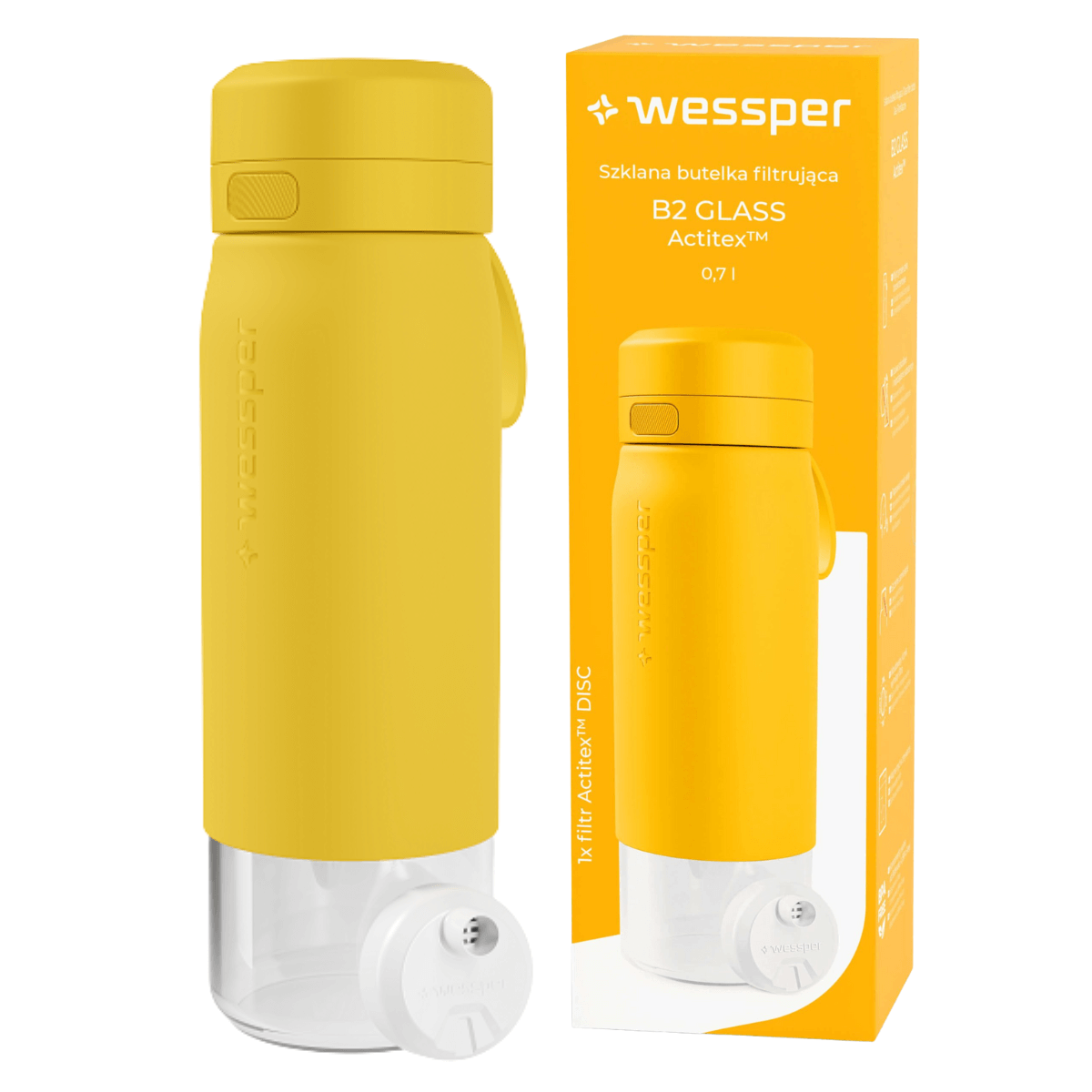 Szklana butelka filtrująca wodę, Wessper 700 ml w kolorze żółtym.