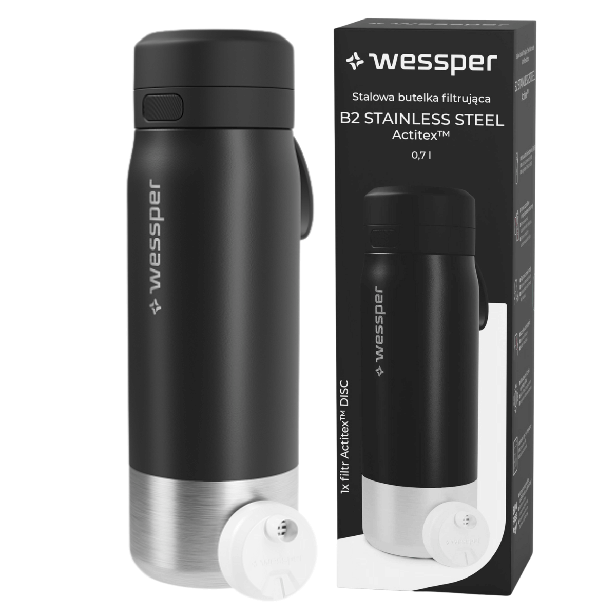 Butelka filtrująca ze stali nierdzewnej Wessper czarna 700 ml.