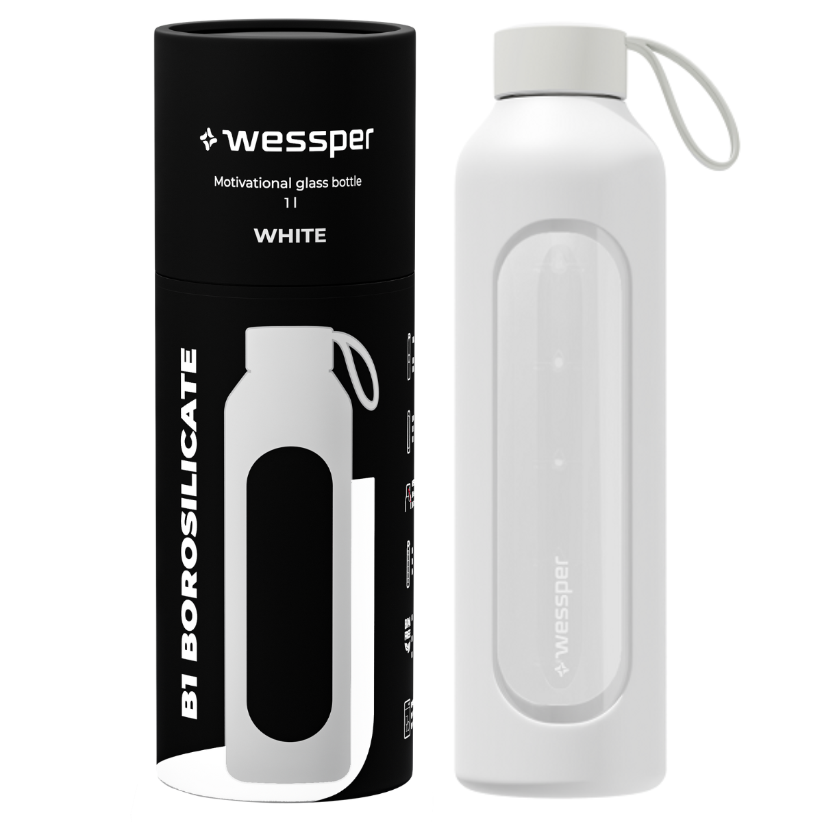 Butelka ze szkła borokrzemowgo w białym etui Wessper 1000 ml.
