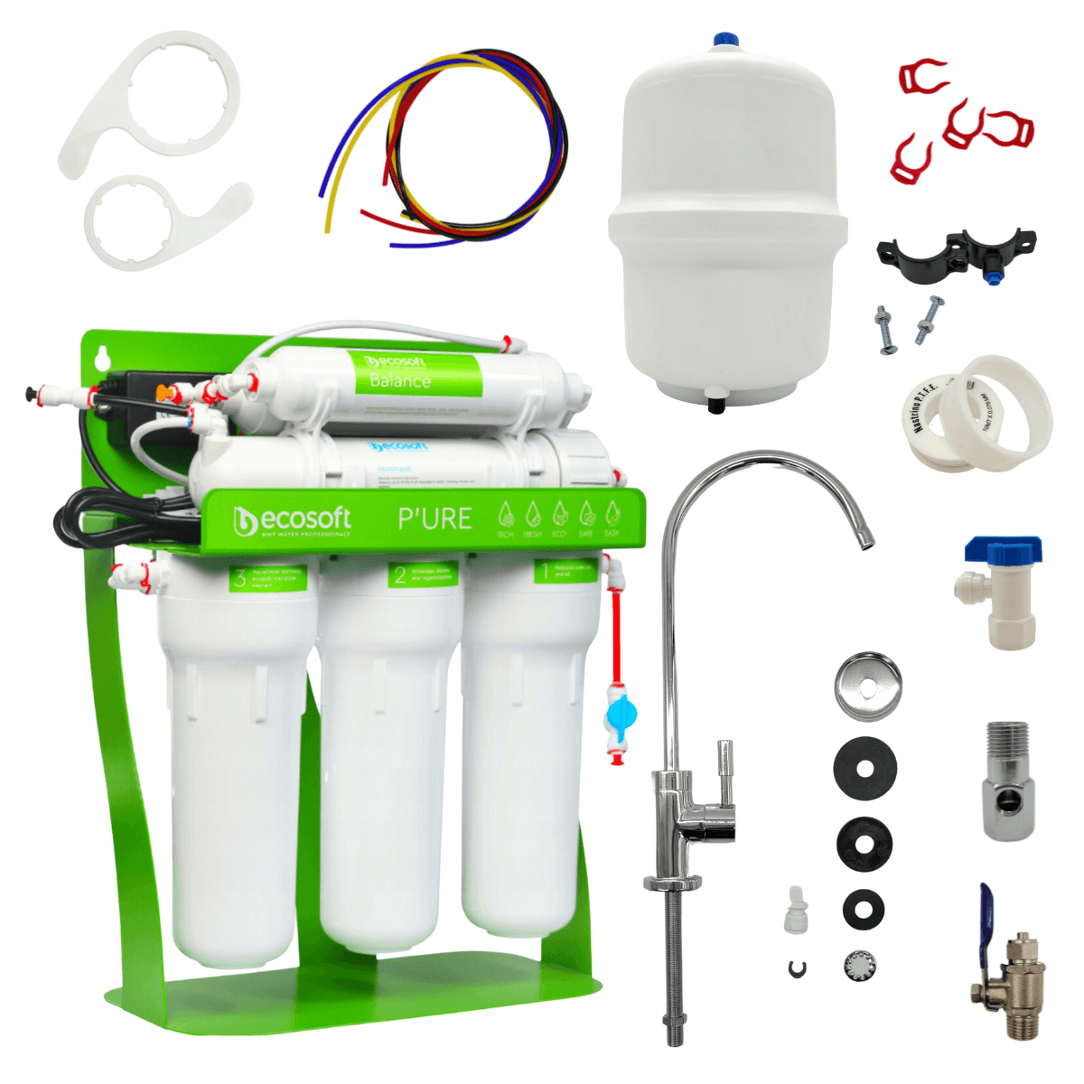 Filtr odwróconej osmozy BWT Ecosoft Pure Balance z pompą na metalowym stojaku. Polecany filtr do wody z mineralizatorem.