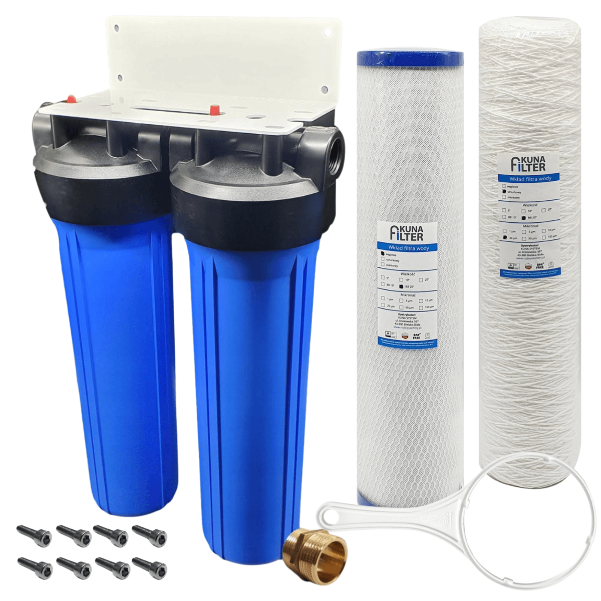 Zestaw dwa korpusy BB20, filtr węglowy, filtr sznurkowy 20 mikronów. Filtr na cały dom.