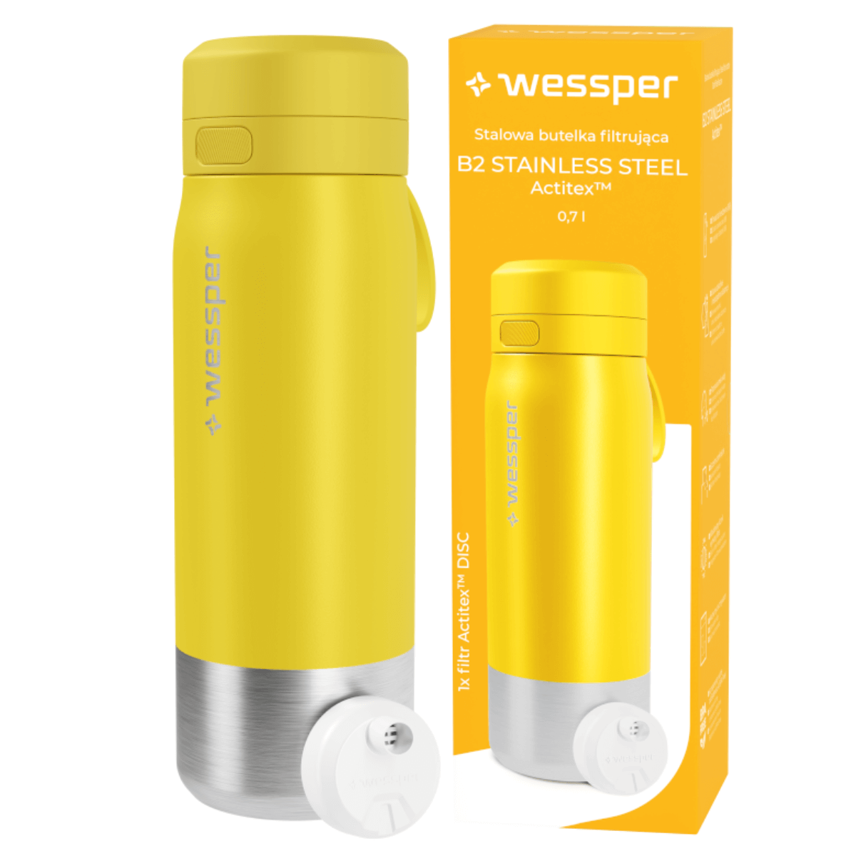 Wessper butelka filtrująca ze stali, żółta 700 ml.