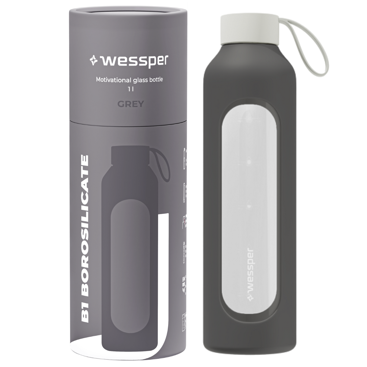 Szklana butelka w silikonowym szary. etui Wessper 1l.