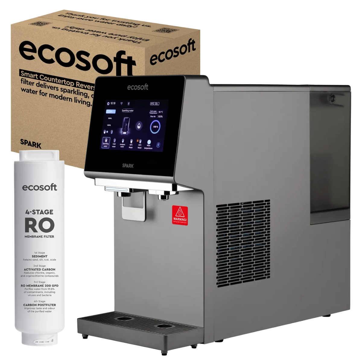 Nablatowy dystrybutor wody RO Ecosoft SPARK. Woda gazowana, pokojowa, schłodzona i gorąca.