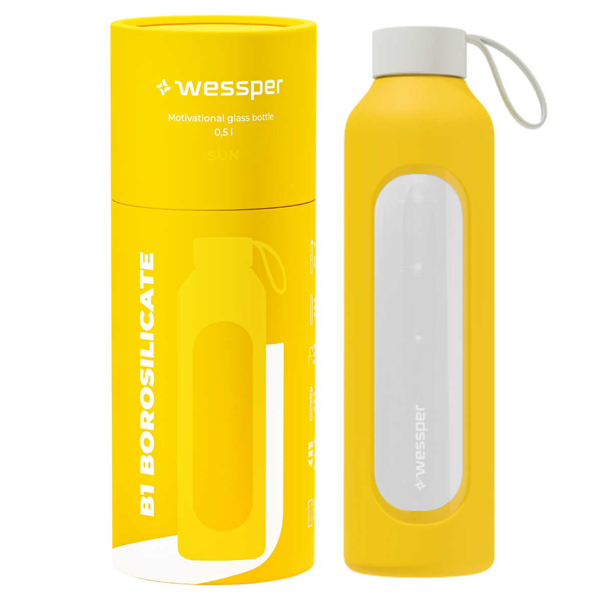 Szklana żółta butelka w silikonowym etui Wessper 500 ml.