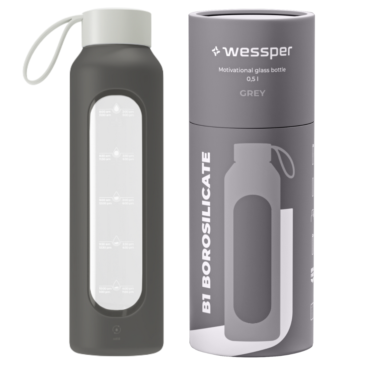 Szklana butelka na wodę w silikonowym, szarym etui 500 ml.