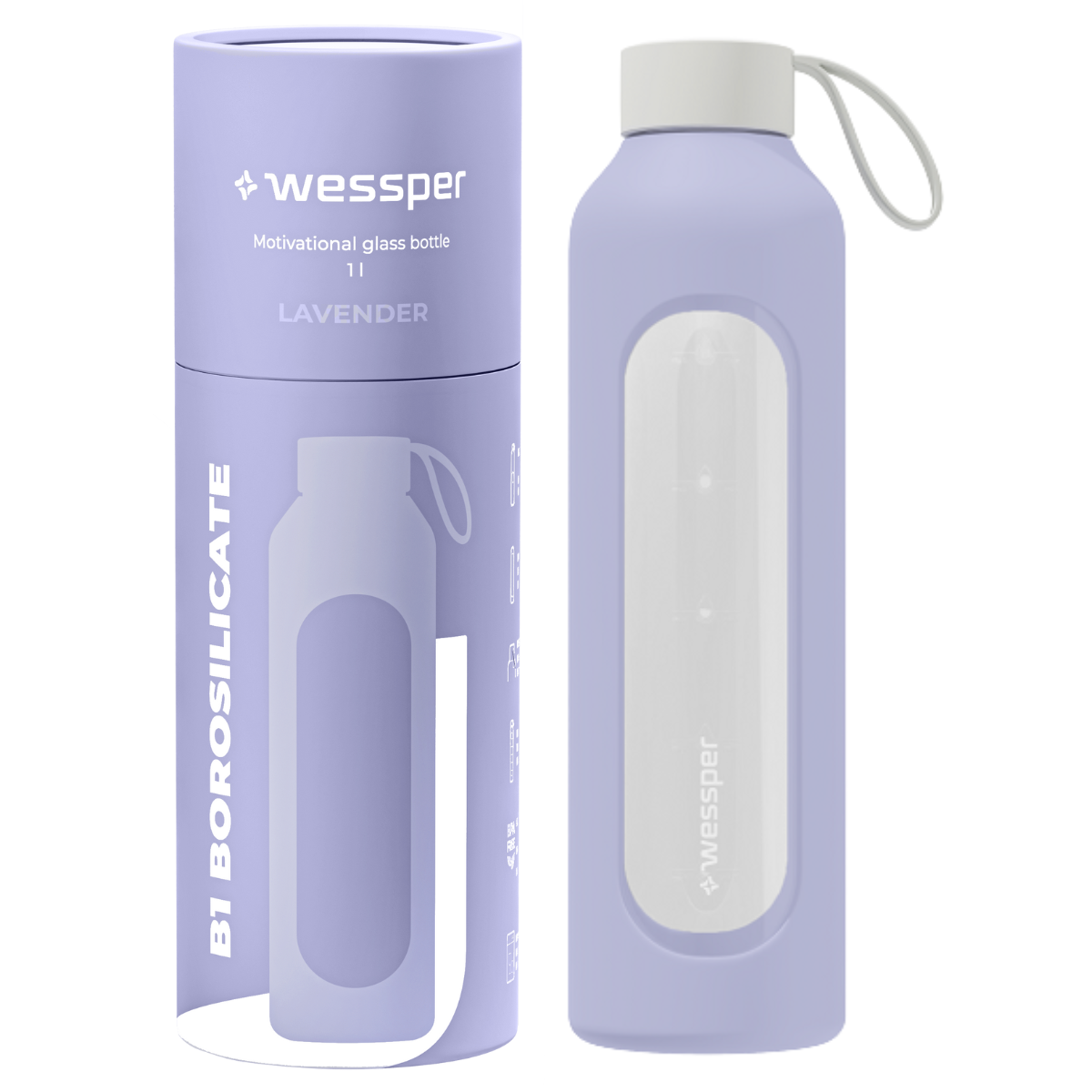 Szklana butelka na wodę Wessper w kolorze fioletowym 1000 ml.