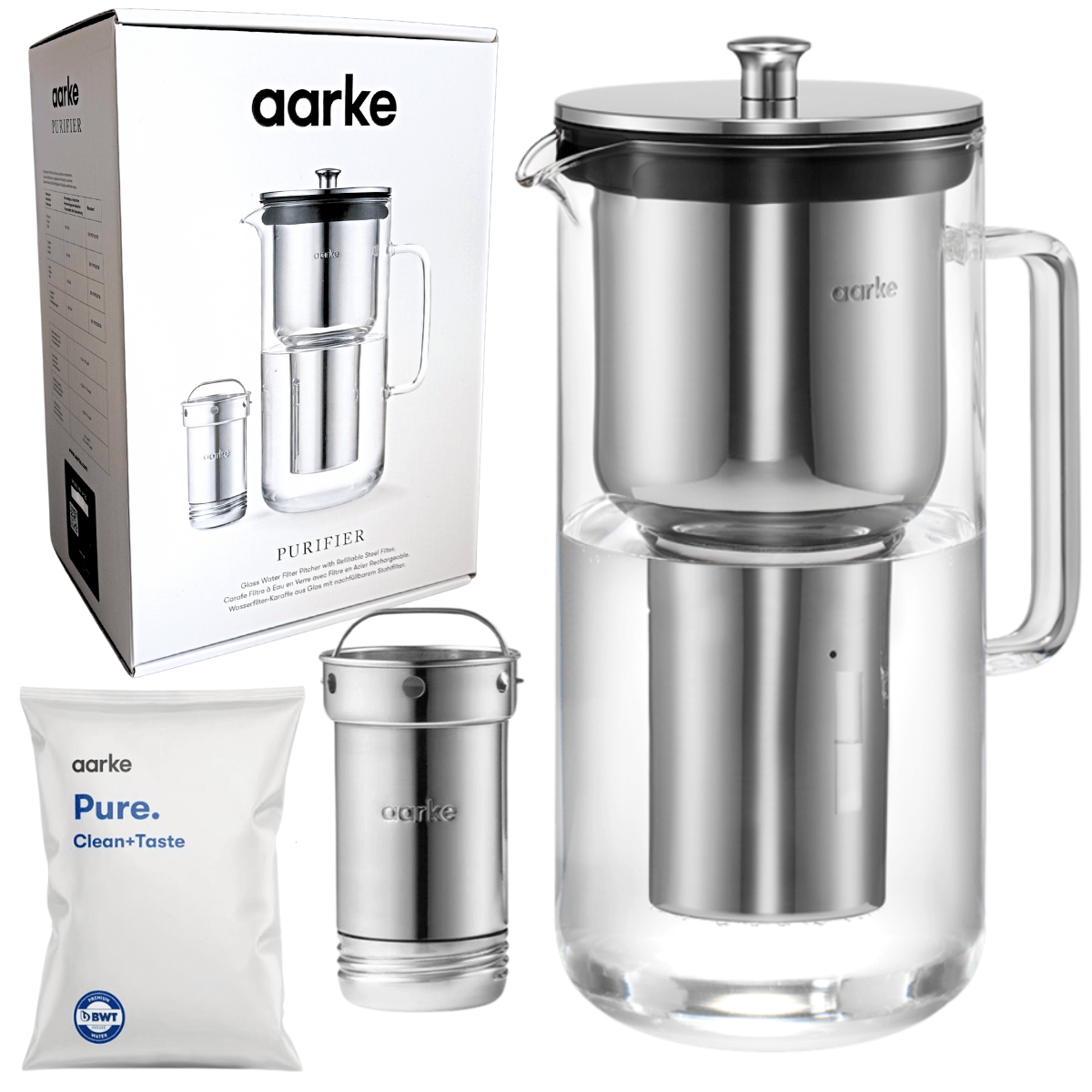 Szklany dzbanek filtrujący wodę Aarke Purifier. Opatentowany dzbanek ze szkła i stali nierdzewnej z filtrem BWT.