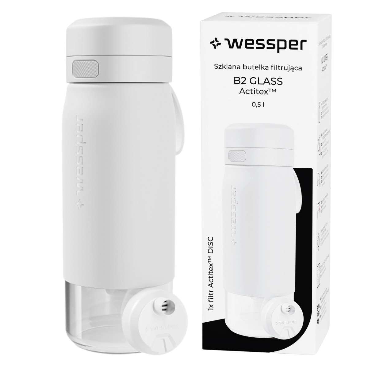 Butelka szklana z filtrem Wessper, biała 500 ml.