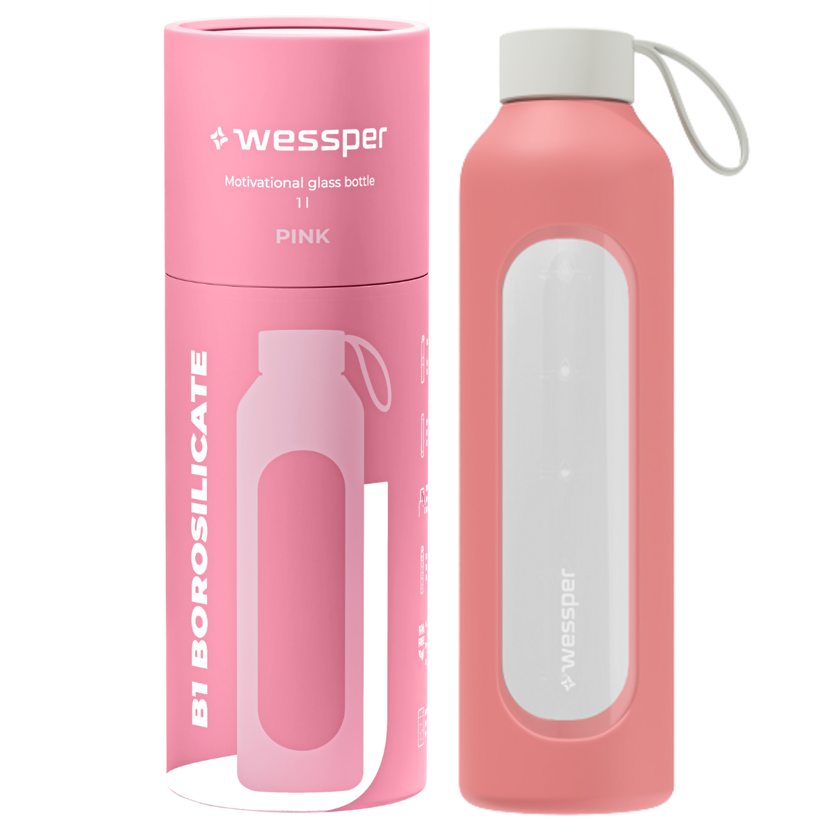 Szklana butelka na wodę w różowym etui Wessper 1000 ml.