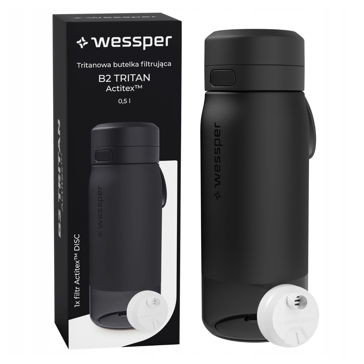 Butelka czarna tritanowa z filtrem wymiennym Wessper 500 ml.