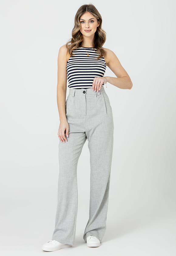 Lillow - Szerokie SPODNIE Damskie ITAN z lnem - szary melanż, krótsze - Materiał len - Uszyto w Polsce