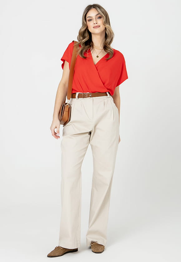 Lillow - Szerokie SPODNIE Damskie ITAN - beż, krótsze - Materiał bawełna - Uszyto w Polsce