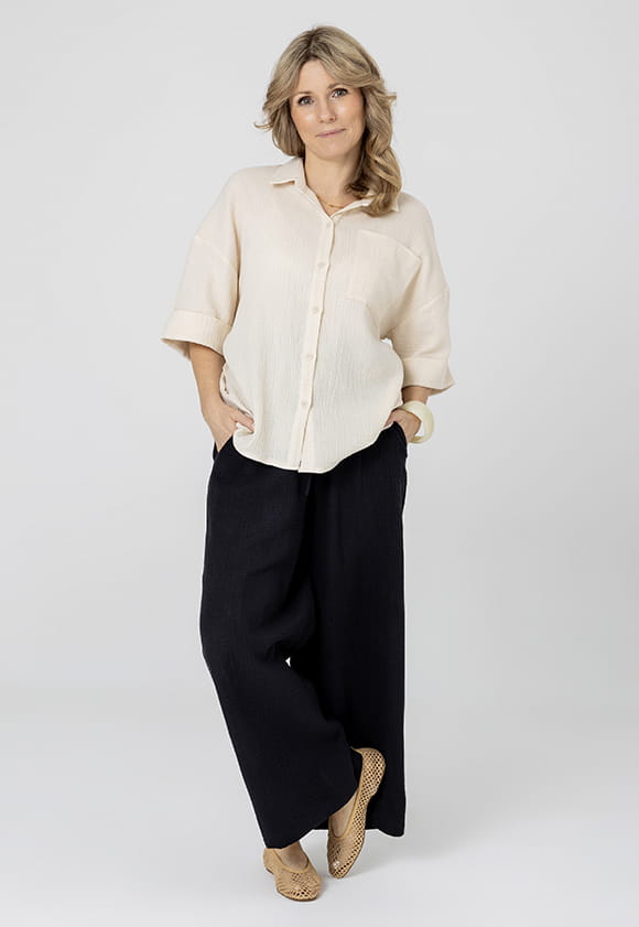 Lillow - Przewiewne SPODNIE Damskie TOSS z muślinu - czarne, dłuższe - Materiał bawełna - Uszyto w Polsce