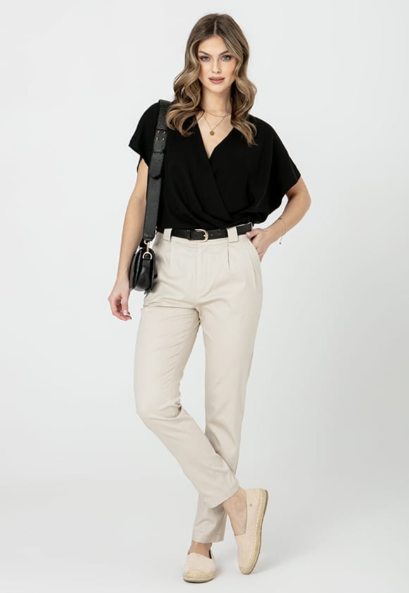 Lillow - Klasyczne SPODNIE Damskie CHINOSY - beż, dłuższe - Materiał bawełna - Uszyto w Polsce