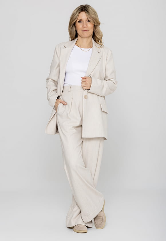 Lillow - Szerokie SPODNIE Damskie LOGAN dłuższe - beżowa jodełka - Materiał wiskoza - Uszyto w Polsce