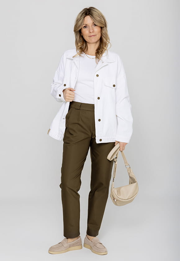 Lillow - Klasyczne SPODNIE Damskie CHINOSY dłuższe - khaki - Materiał bawełna - Uszyto w Polsce