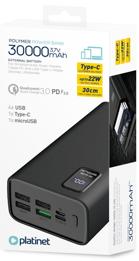 PLATINET power bank 30000mAh 45729 LED PD QC PMPB30WQC728B - Henryx24