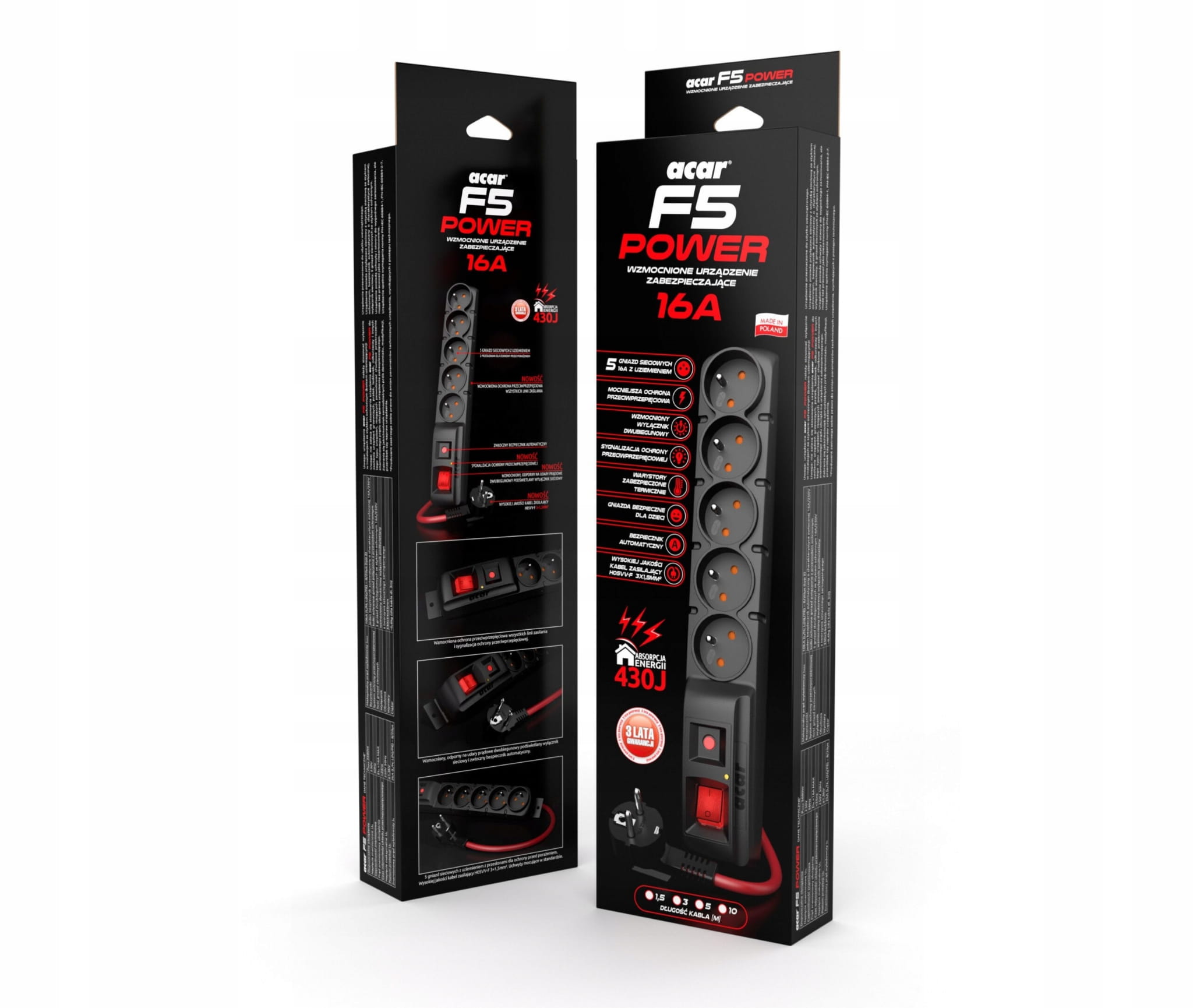 ACAR F5 16A Listwa zasilająca 1,5m W2289 (5 GNIAZD) czarny - Henryx24