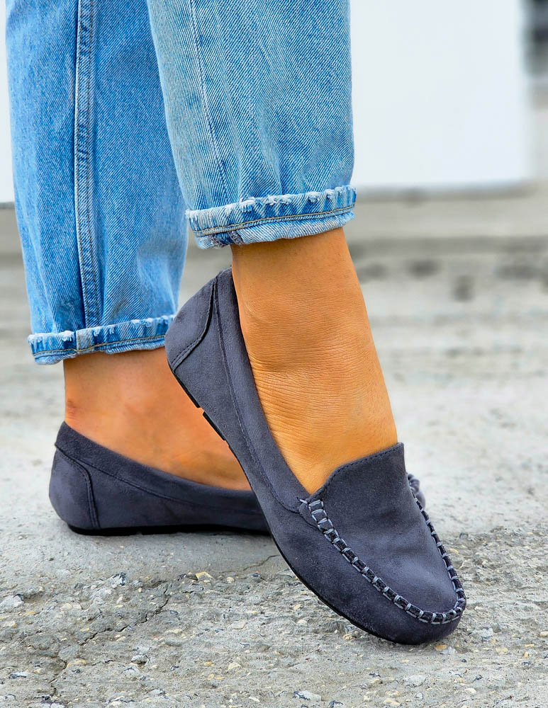 Szare Mokasyny Półbuty Zamszowe Hellen