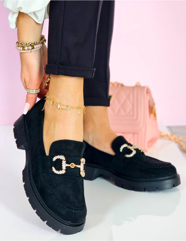 Czarne Eleganckie Zamszowe Mokasyny Gruba Podeszwa Brillant