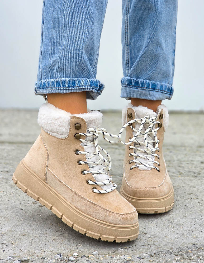 Beżowe Sportowe Zimowe Botki Damskie Śniegowce Cold