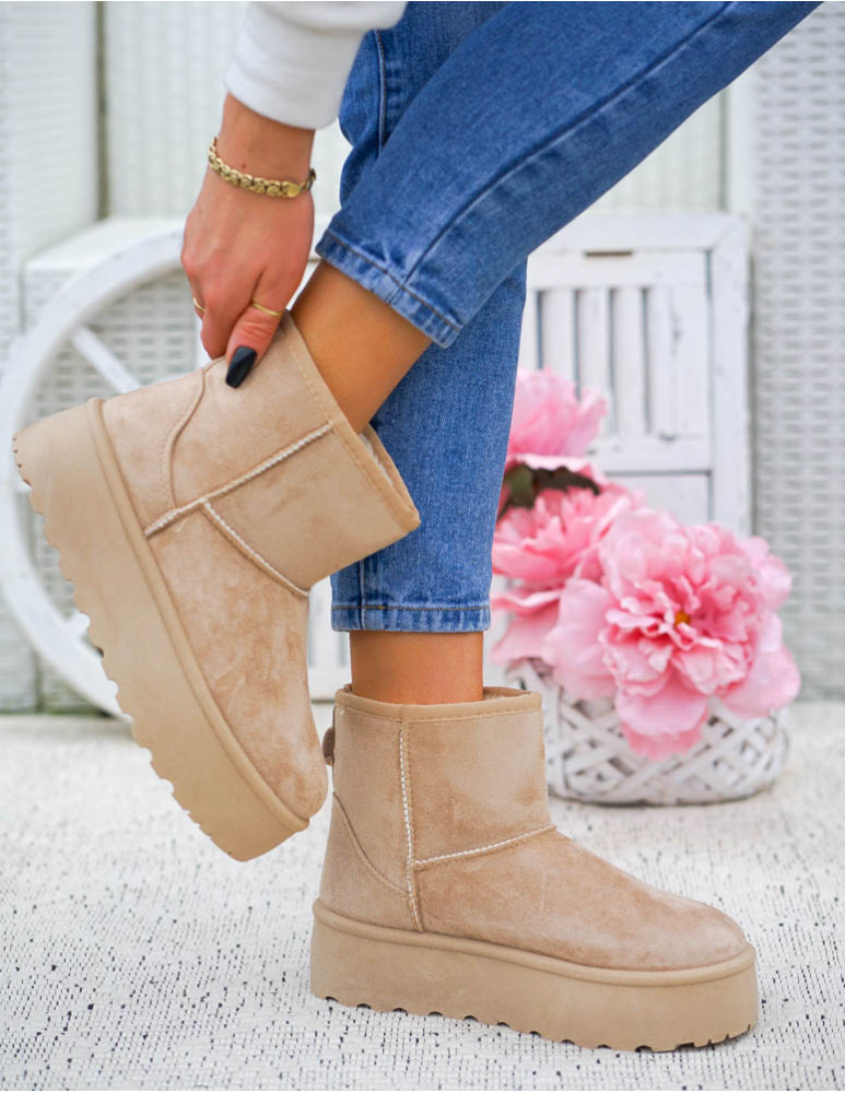 Beżowe Botki Śniegowce Na Platformie Ocieplane Saszki