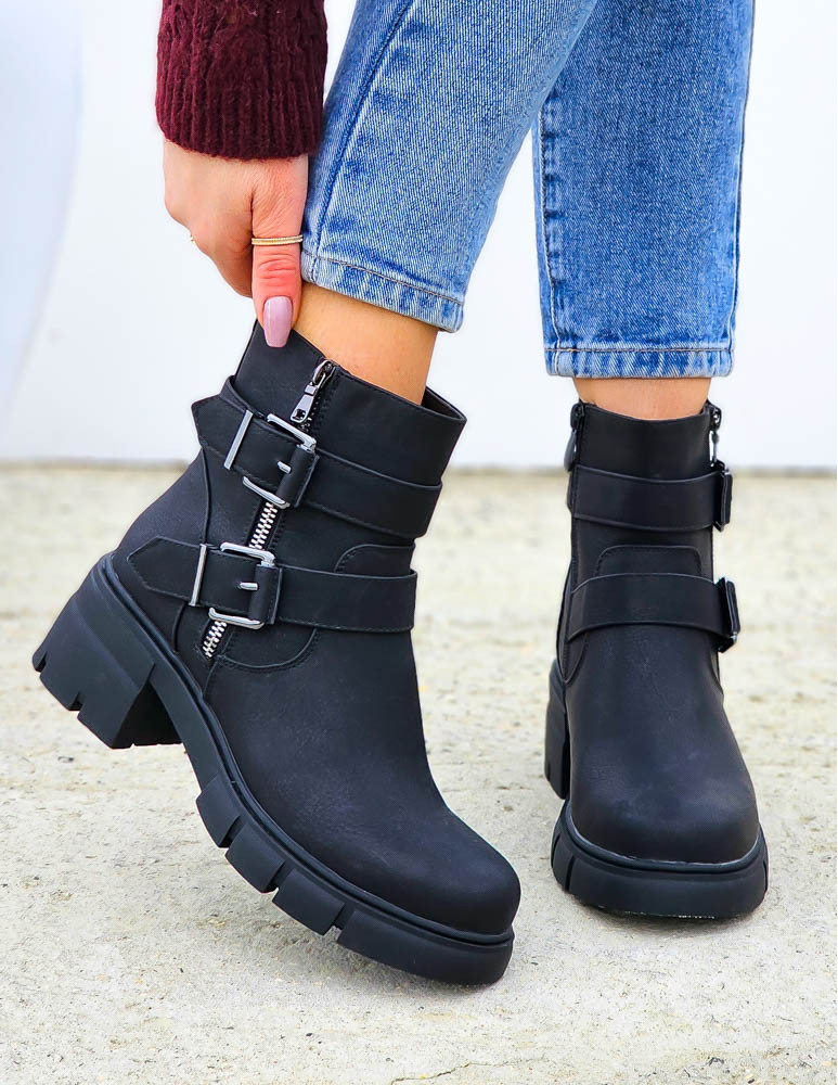 Czarne Botki Workery Na Grubej Podeszwie Military