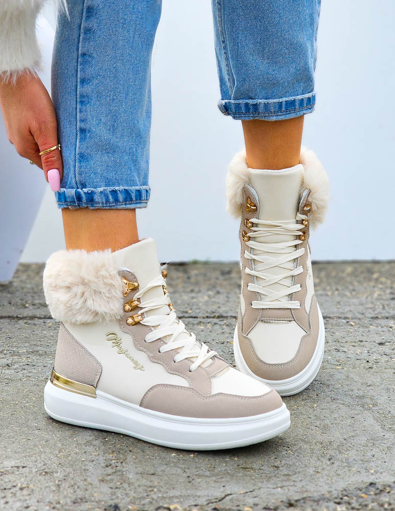 Beżowe Sportowe Zimowe Botki Damskie Śniegowce Klarens