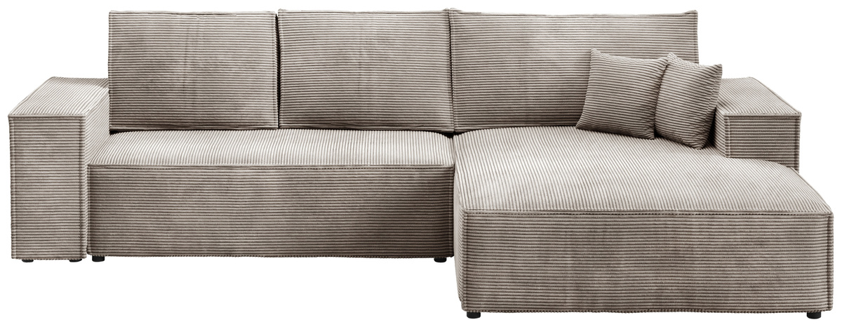 Beżowy narożnik do salonu z funkcją spania i pojemnikiem sztruksowy PABLO