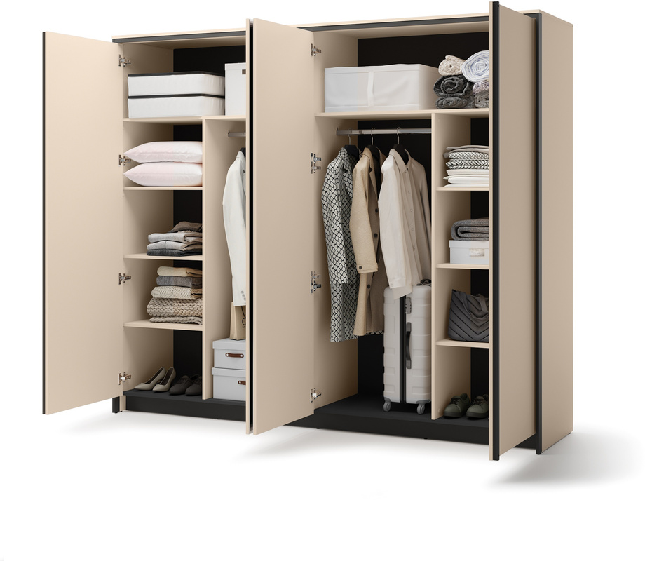 Duża szafa uchylna z lustrem 251 cm do sypialni 4 drzwi beżowa z oświetleniem ENNA