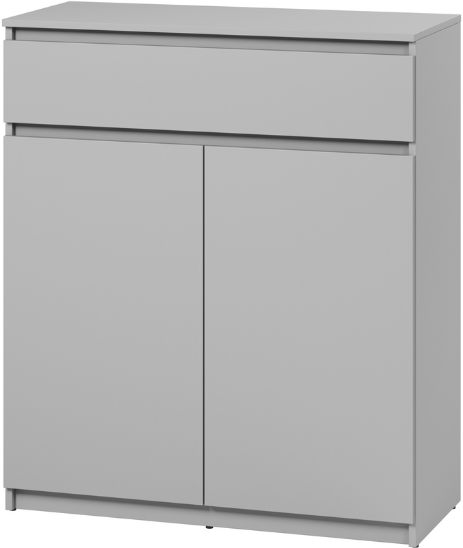 Dwudrzwiowa szara komoda do przedpokoju z półkami i szufladą SIMPLY