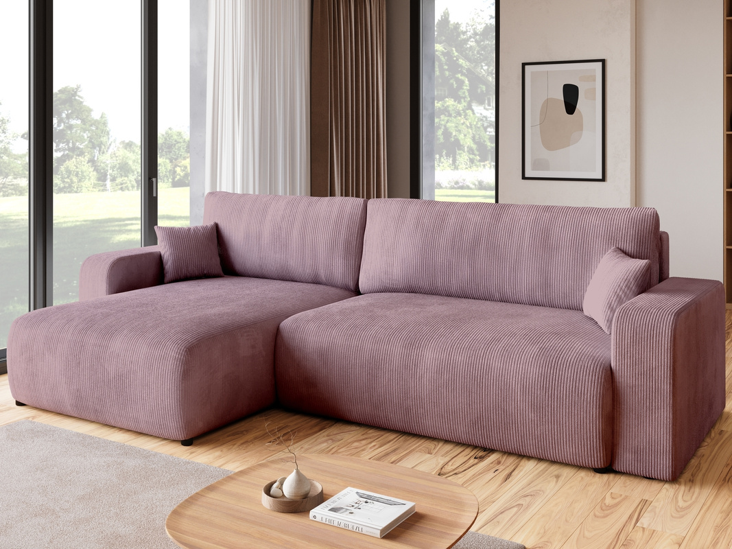 Różowa sztruksowa kanapa narożna z funkcją spania PUMI XL