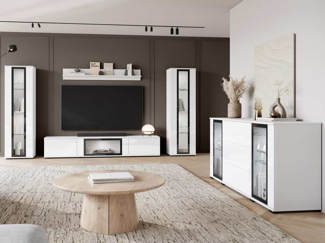 Zestaw mebli z komodą z szufladami do salonu CAVIO biały połysk