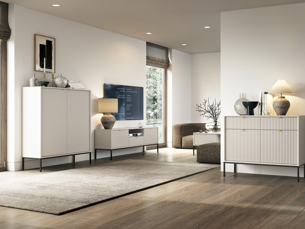 Zestaw nowoczesnych mebli do salonu z komodą AVANTI kaszmir