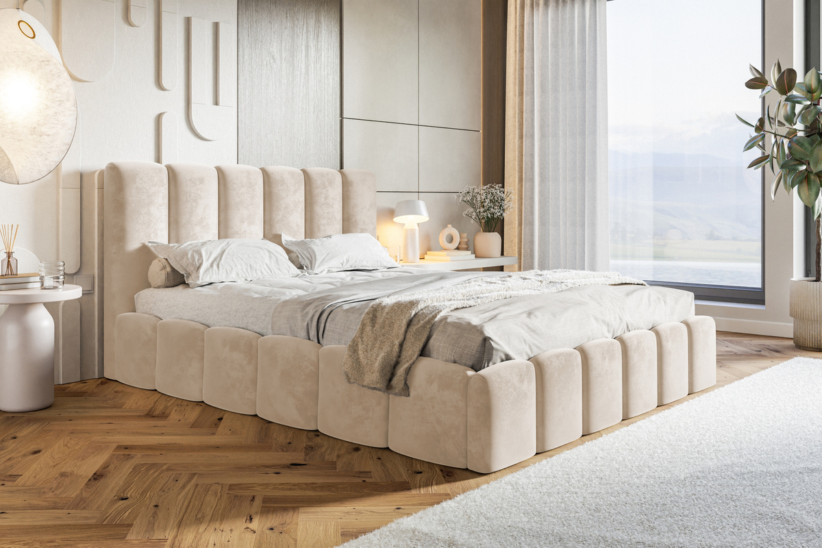 Beżowe jednoosobowe łóżko 120x200 cm tapicerowane z pojemnikiem SALERNO