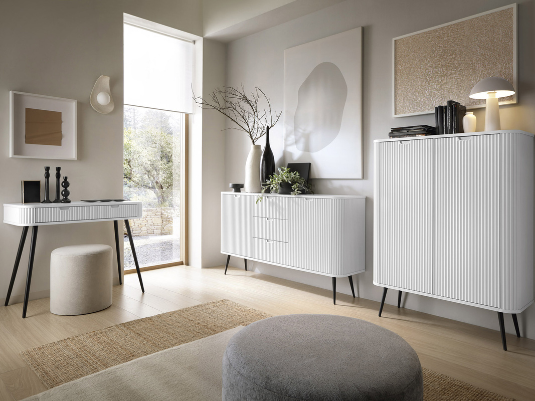 Zestaw białych nowoczesnych mebli do salonu ZENIT frezowane fronty