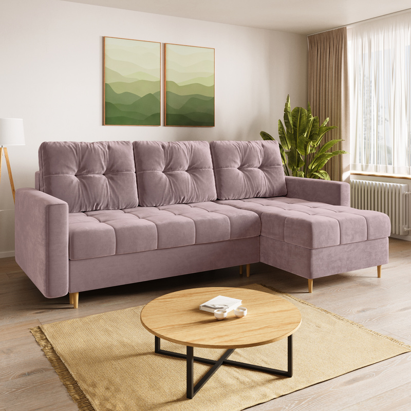 Welurowy różowy narożnik z funkcją spania i pojemnikiem na pościel LIZBONA