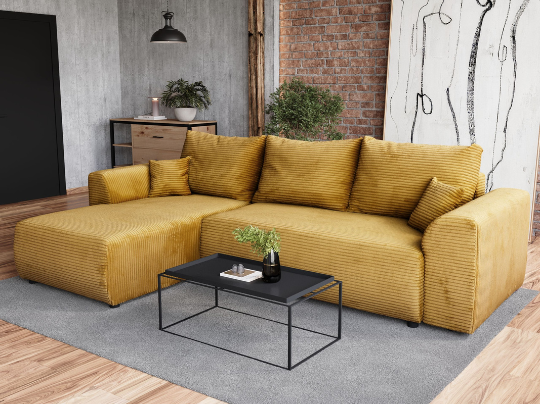 Musztardowa kanapa narożna z funkcją spania rozkładana do salonu ROMEO