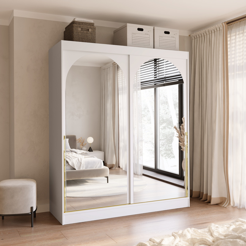 Duża biała szafa przesuwna z dwoma lustrami 180 cm drzwi przesuwne złote uchwyty