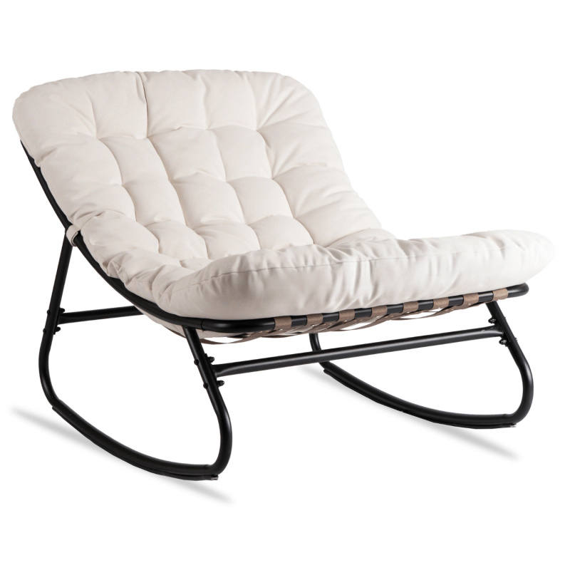 Beżowy fotel bujany wypoczynkowy ogrodowy AURORA metalowy czarny stelaż