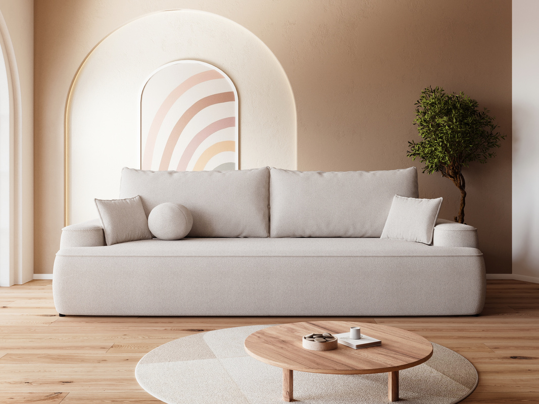 Beżowa sofa z funkcją spania i poduchami do salonu CARMELLO