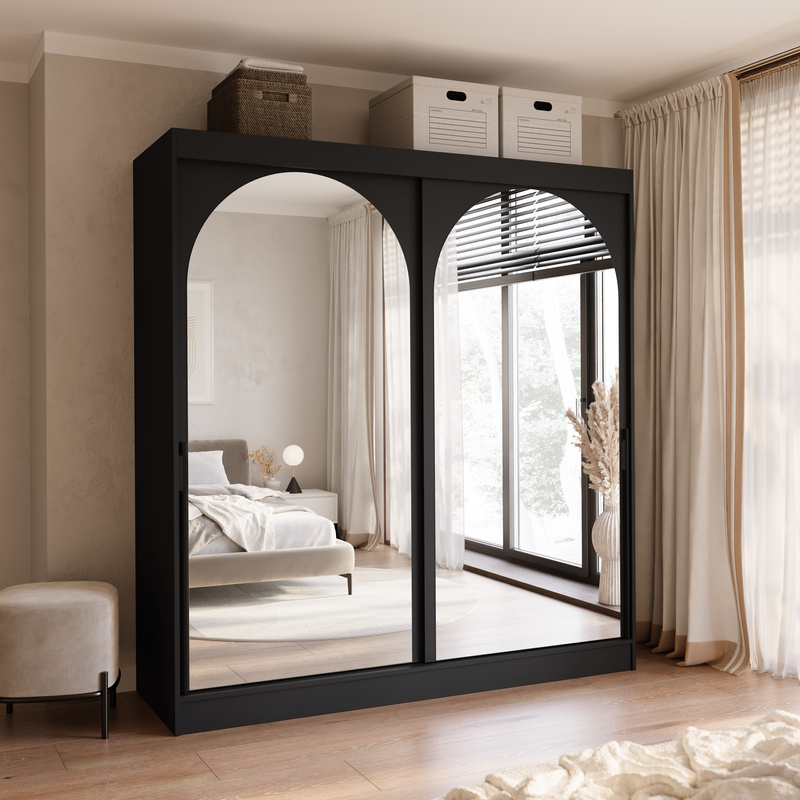 Szafa do sypialni 200 cm duża czarna drzwi przesuwne lustra czarne uchwyty MORIN